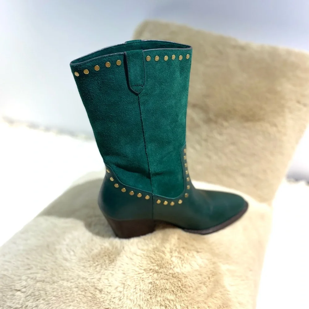 Coach Pheobe Green Leather & Suede Studded Women's Boots - Picture 5 of 10